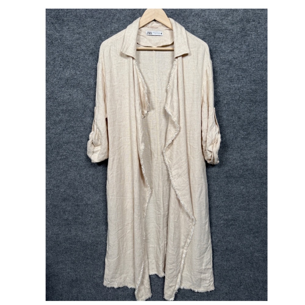 Zara Size XS Cardigan Duster Cream Linen Blend Kimono Fringe Oversized Lagenlook - Picture 3 of 9